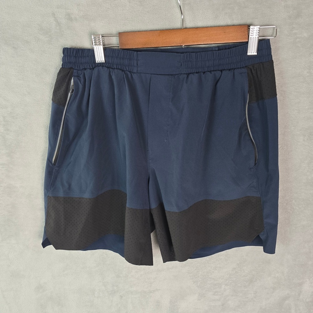 Lululemon Mens Athletic‎ Training Shorts Navy Blue Black Mesh Pockets 7in Inseam